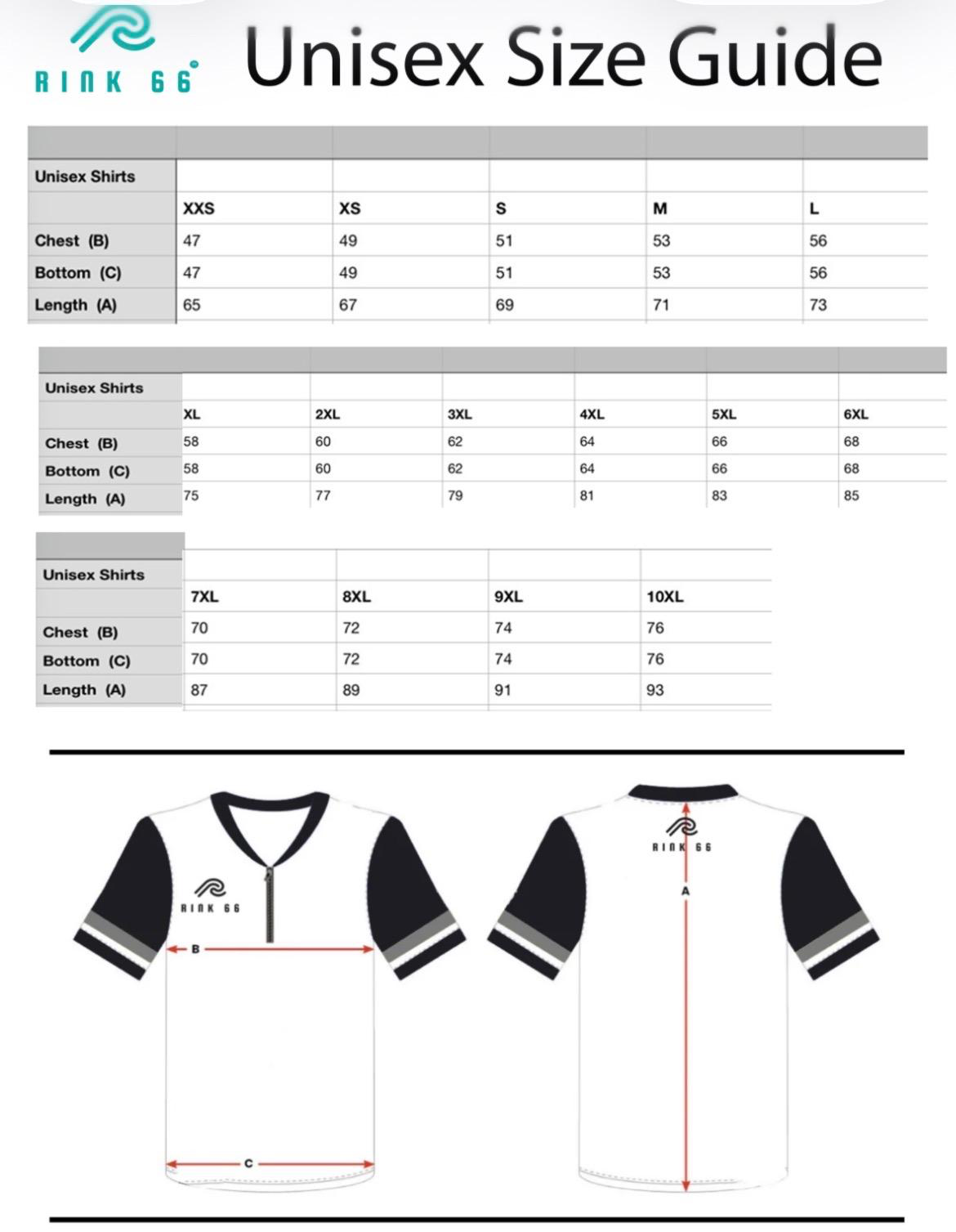 Unisex shirt size guide chart with chest, bottom and length measurements from XXS to 10XL