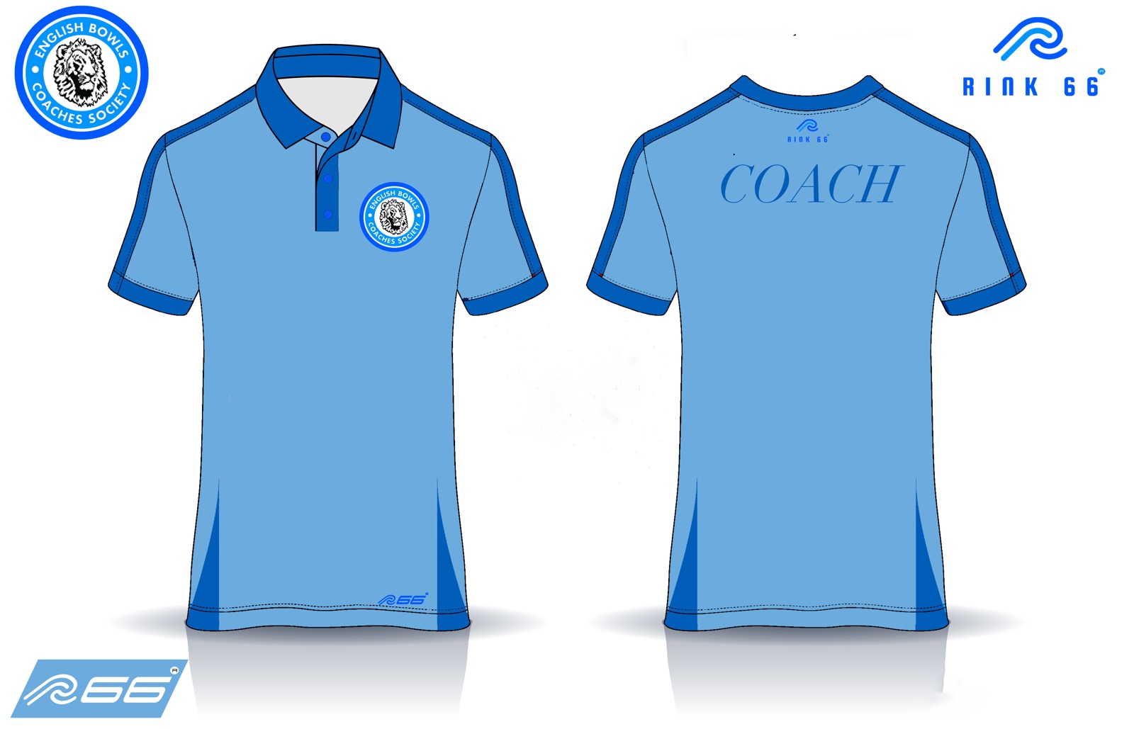 The new EBCS coaching top shown front and back, in light and royal blue, with the English Bowls Coaches Society crest on the chest and COACH printed across the back