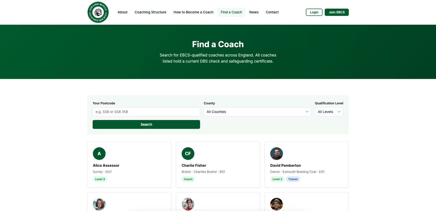 The Find a Coach directory on the new EBCS website