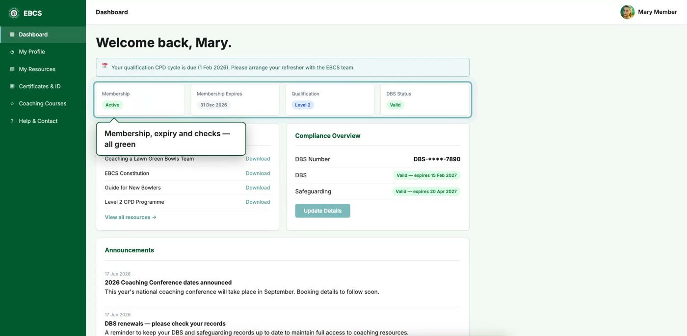 A member dashboard in the new EBCS members' area