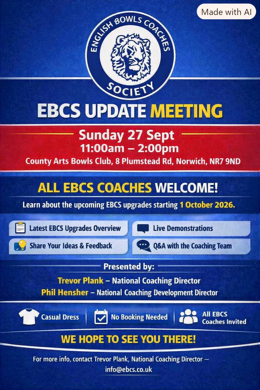 EBCS Update Meeting poster &mdash; Sunday 27 September 2026, 11:00am to 2:00pm, County Arts Bowls Club, 8 Plumstead Road, Norwich, NR7 9ND. All EBCS coaches welcome. Presented by Trevor Plank and Phil Hensher.