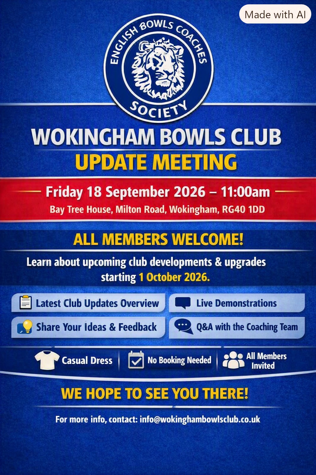Wokingham Update Meeting poster &mdash; Friday 18 September 2026, 11:00am, Bay Tree House, Milton Road, Wokingham, RG40 1DD. All members welcome. Casual dress, no booking needed.